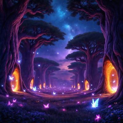 The primary subject of the image is a forest filled with trees and butterflies. The setting is a nighttime forest with a purple glow, creating a magical atmosphere. The visual style is a digital art or illustration, showcasing the beauty of the forest and the butterflies. The colors and mood are predominantly purple, creating a serene and enchanting scene.